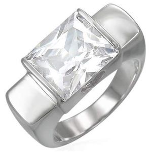 STAINLESS STEEL BEZEL CZ SQUARE COCKTAIL RING